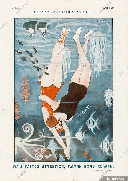 Le Rendez-vous Subtil, 1924 - Jaques Lovers, The Kiss, Bathing Vintage Swimmer, Underwater Diving, Prints Fashion, Bathing Beauty, Fashion Drawings, The Kiss, Original Prints, Diving, Kiss