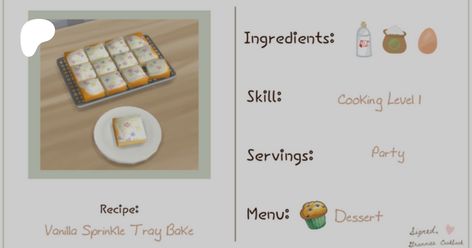 Vanilla Sprinkles Tray Bake | Littlbowbub Just Desserts Legacy Sims 4, Dessert Legacy Sims 4, Sims 4 Cc Baking Clutter, Sims 4 Baking Clutter, Sims 4 Baking Recipes, Party Serving, Sims 4 Anime, Sims Mods, Favorite Desserts