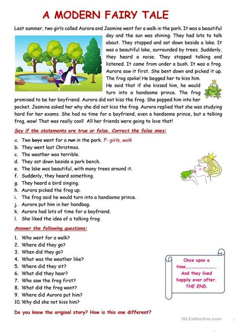 Fairy Tale Worksheets, English Excercise, Winter Worksheet, English Reading Skills, English Conversation For Kids, Esl Reading Comprehension, Fairy Tale Story, Reading Fluency Passages, Modern Fairy