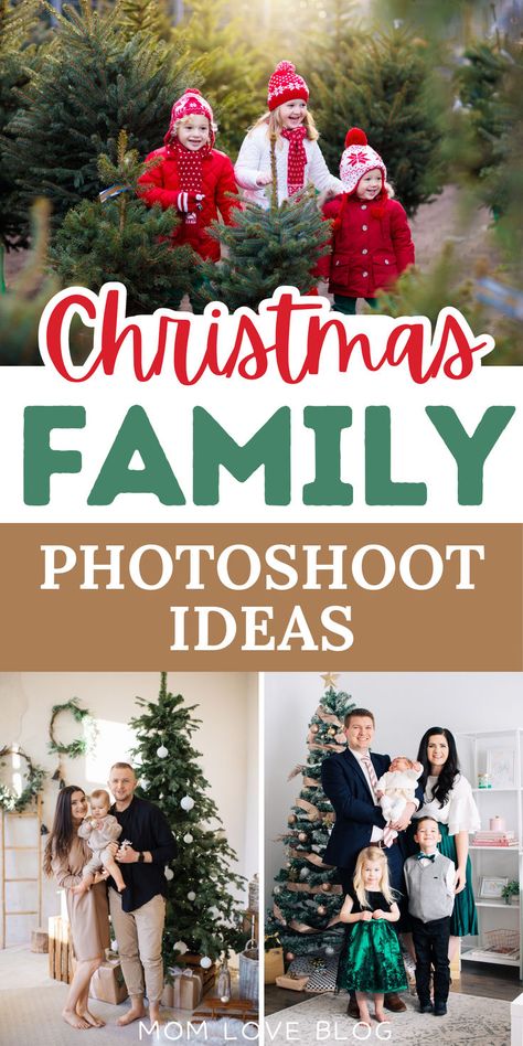 Collage of indoor and outdoor family Christmas pictures, Christmas family photoshoot inspiration, holiday card ideas, and Christmas family photo outfits. Christmas Family Photoshoot Ideas, Indoor Christmas Photos, Christmas Tree Photoshoot, Christmas Photoshoot Kids, Outdoor Christmas Photos, Family Christmas Pictures Outfits, Outdoor Family Photoshoot, Family Photoshoot Ideas, Christmas Pictures Outfits