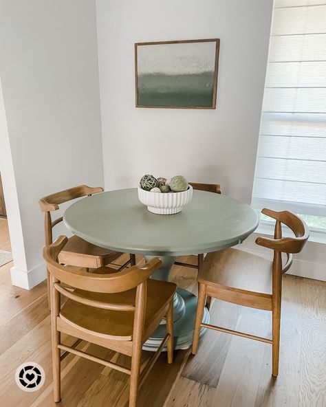 Green Round Dining Table, Olive Green Round Dining Table, Green Table And Chairs, Green Painted Kitchen Table, Painted Breakfast Table, Sage Green Breakfast Nook, Circle Table Breakfast Nook, Coloured Dining Table, Painted Round Kitchen Table