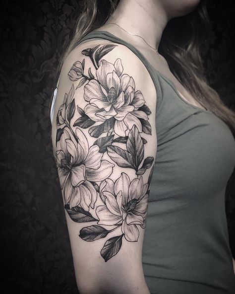 Magnolia flower tattoo Botanical Tattoo Sleeve, Magnolia Flower Tattoo, Bloom Tattoo, Plant Tattoos, Shoulder Tats, Magnolia Tattoo, Quarter Sleeve Tattoos, Floral Tattoo Shoulder, Feminine Tattoo Sleeves