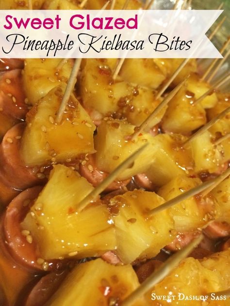 Sweet Glazed Pineapple Kielbasa Bites Pineapple Kielbasa, Pineapple Appetizers, Glazed Pineapple, Kielbasa Bites, Bacon Wrapped Sausages, Super Easy Appetizers, Candle Ribbon, Popular Appetizers, Kielbasa