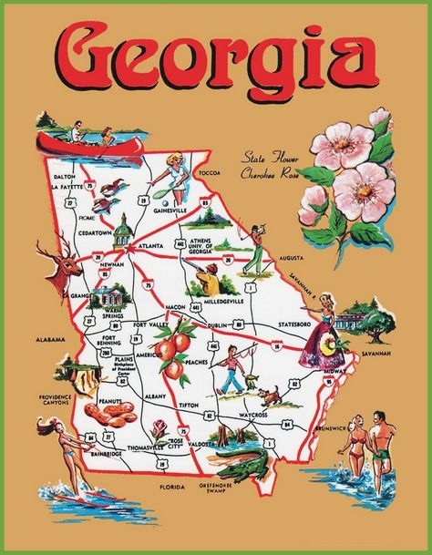 Pictorial travel map of Georgia Georgia Wallpaper, Georgia Map, State Of Georgia, Warm Springs, Ra Ideas, Georgia Travel, Athens Georgia, Georgia Usa, Usa States