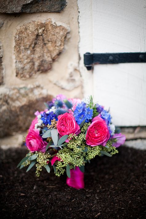 Bright-Pink-and-Blue-Wedding-Bouquet Editorial Bridal Shoot, Hot Pink Bouquet, Prom Flowers Bouquet, Homecoming Flowers, Winter Bridal Bouquets, Prom Bouquet, Pink Flower Arrangements, Royal Blue Flowers, Hot Pink Weddings