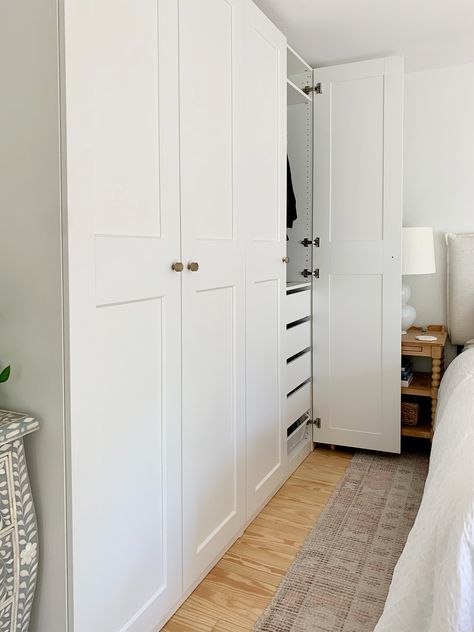 How (And Why!) We Fit A King-Size Bed Into Our Smaller Bedroom | Young House Love Small Bedroom King Bed Layout Storage, Small Bedrooms With Wardrobes, Built In Wardrobe Next To Bed, Pax Wardrobe In Bedroom, Built In Closet Small Bedroom, How To Add Closet Space To A Bedroom, Built In Closet For Small Bedroom, Closet Beside Bed, Ikea Wardrobe Small Bedroom