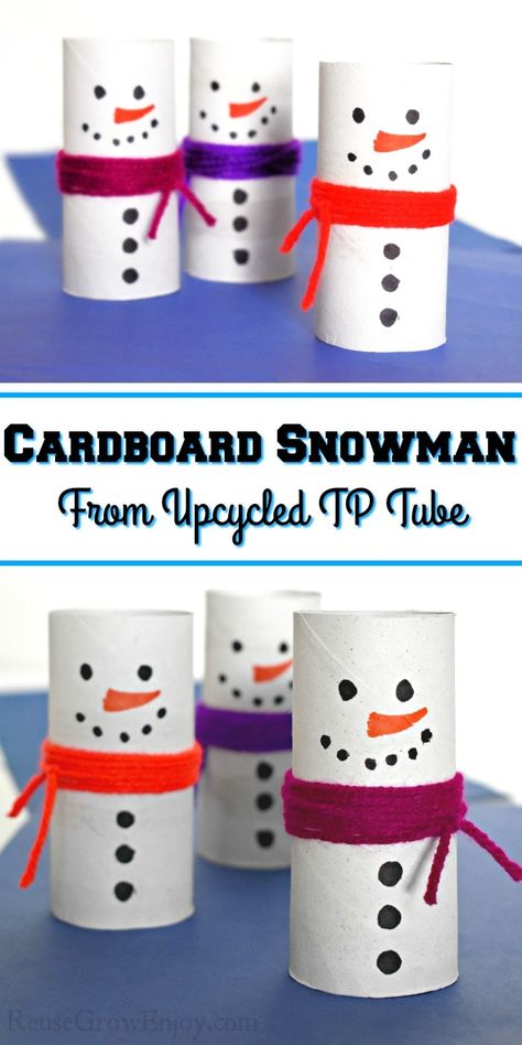 Saving cardboard tubes makes for low priced crafting supplies. This cardboard snowman is cute and easy to make. Great way to keep kids busy. Cardboard Tube Christmas Crafts, Crafts With Cardboard Tubes, Cardboard Tube Crafts For Kids, Cardboard Snowman, Paper Tube Crafts, Cardboard Tube Crafts, Paper Snowman, Tube Art, Prek Crafts