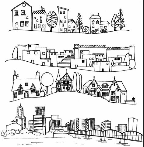 Doodle Houses Buildings, Town Sketch Simple, City Line Art Illustration, Christmas Village Drawing Easy, Row Of Houses Drawing, Doodle Houses Drawing, How To Draw Houses, Old Building Drawing, Buildings Doodle