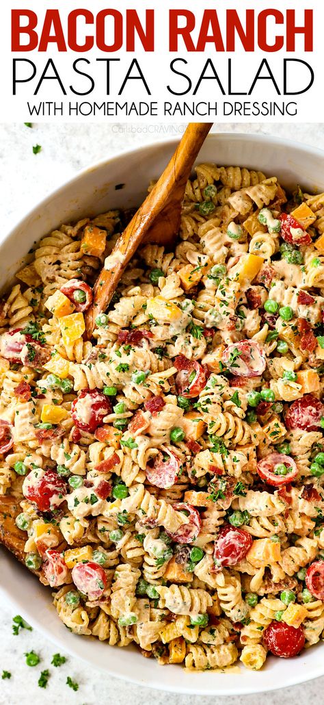 Bacon Ranch Pasta Salad with the BEST DRESSING! It's quick, easy, make ahead friendly and guaranteed to be a hit at every potluck, barbecue and pool party! #salad #pastasalad #pastasaladrecipe #easyrecipe #recipes #recipeoftheday #recipeideas #recipeseasy #recipe #potluck #potlucksalad #potluckrecipes #potluckside #bacon #ranch #cheese #cheddar #summerrecipe #summerside #summersalad Pasta Salad Bacon Ranch, Pasta Salad Ranch, Pasta Monday, Picnic Salads, Party Salad, Bacon Pasta Salad, Bacon Ranch Pasta, Bacon Ranch Pasta Salad, Ranch Salad