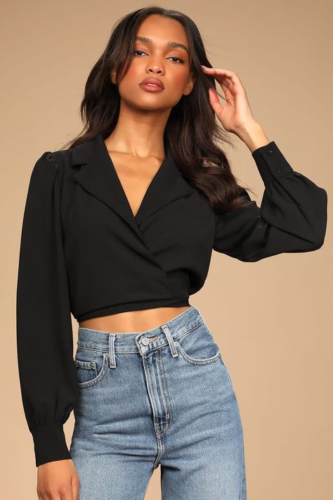 Black Wrap Top Outfits, Wrap Top Outfit, Black Top Outfit, Black Wrap Top, Silk Wrap Top, Long Sleeve Wrap Top, Designer Clothing Brands, Long Sleeve Outfits, Saree Designs Party Wear