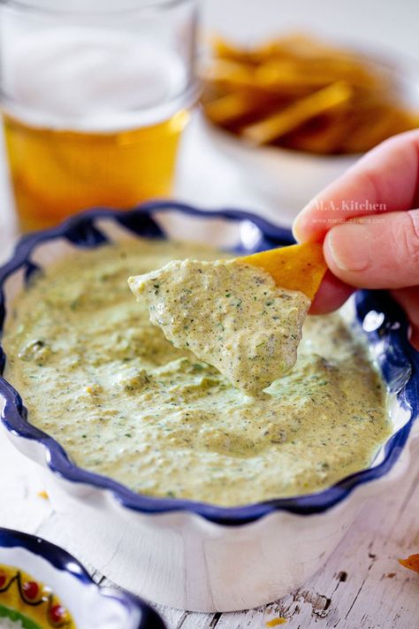 Creamy Chile Verde Sauce, Torchys Tacos Poblano Sauce, Creamy Poblano Sauce, Pablano Pepper Sauce, Plabano Pepper Recipe, Poblano Pepper Dip, Abuelos Recipes, Poblano Dip, Pablano Pepper Recipe