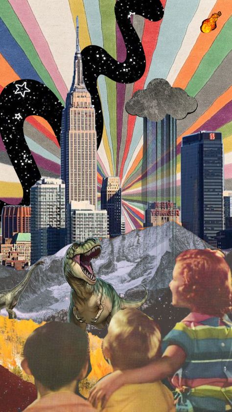 #dream #vintage #dinosaur #city #art #colorful #landscape #surrealism Surreal City Art, Colorful Surrealism, Vintage Dinosaur, Surreal Collage, City Background, Inspo Pics, Collage Vintage, Class Projects, Art Colorful