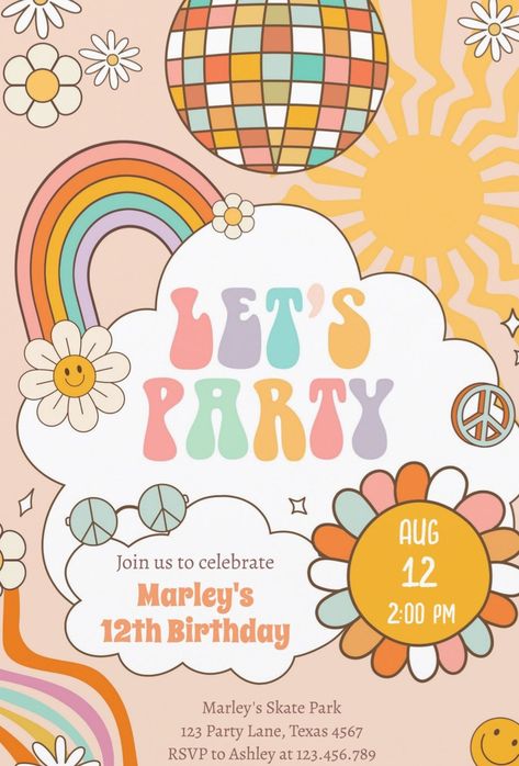 Groovy retro hippie birthday party invitations for girls. Flower Power Birthday, Hippie Birthday Party, Retro Birthday Parties, Groovy Party, 13 Birthday, Groovy Birthday, Hippie Birthday, Girls Party Invitations, Hippie Party