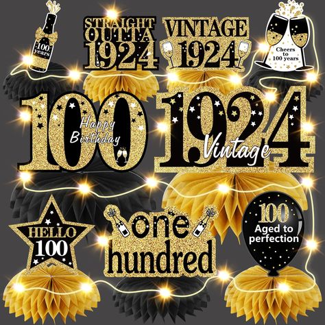 PRICES MAY VARY. [You will Get] - 9PCS happy 100th birthday Honeycomb Centerpieces decorations and 2PCS 6.56ft string lights, providing decoration for your 100th birthday party. [Lighting Your 100th Birthday] -The 100th birthday table centerpiece adopts double-sided printing and retro black gold design, the numbers "100" and "1924" stand out, . With sparkling string lights, lighting up your 100th birthday theme and create a romantic atmosphere for the party. [Suitable for] - Suitable for your 10 100 Birthday Decorations, Birthdays Cards, Happy 100th Birthday, Party Lighting, Birthday Decorations For Men, 100th Birthday Party, Birthday Centerpieces, Birthday Table, 100th Birthday