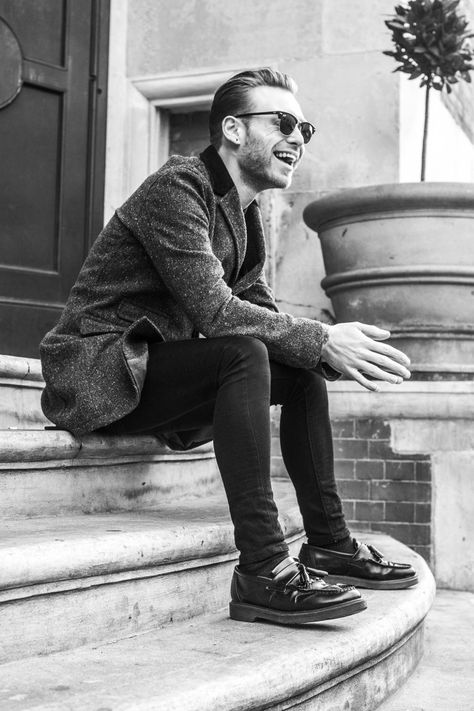 Jack from Of Empire wearing the Adrian shoe, photographed by Josh Fletcher. Dr Martens Adrian Outfit Men, Dr Martens Loafers Outfit Men, Dms Outfit, Dr Martens Loafers Outfit, Martens Loafers, Dr Martens Loafers, Black Trousers Outfit, Doc Martens Mens, Loafers Men Outfit