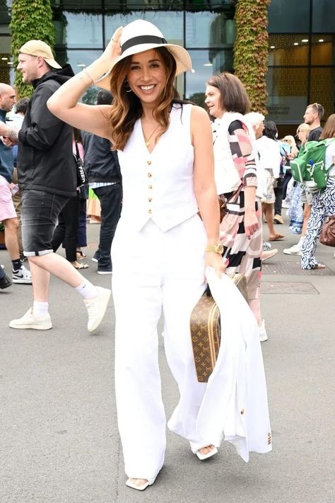 2024 Myleene Klass was dressed in a seriously chic white outfit, consisting of loose-fit trousers and a waistcoat. Getty Images. Myleene Klass, Fitted Trousers, White Outfits, Getty Images, Loose Fitting, Trousers, White