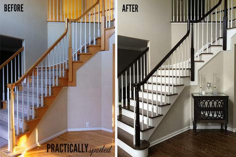 How To Gel Stain (ugly) Oak Banisters. Banister Remodel, Oak Banister, Gel Stains, Stairs Renovation, Stair Makeover, Staircase Remodel, Staircase Makeover, Stair Remodel, Diy Stairs