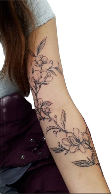 Magnolia Vine Tattoo, Magnolia Arm Tattoo, Magnolia Tattoo Sleeve, Underarm Tattoo, Inner Arm Tattoos, Magnolia Tattoo, Roman Numeral Tattoos, Beautiful Flower Tattoos, Vine Tattoos