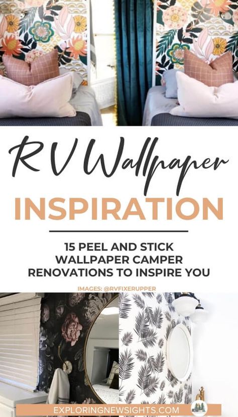 RV Wallpaper | How to use peel & stick wallpaper to transform your Camper. Looking to renovate your travel trailer or 5th wheel? Here are some gorgeous ways you can use wallpaper to spruce up the inside of your camper. #rvfixerupper #rvinspiration #camperrenovation #camperinspiration ##camperremodel #rvremodel Painting Inside Camper Walls, Redo Inside Of Camper, How To Wallpaper Rv Walls, Wallpapering Rv Walls, Peel And Stick Wallpaper Camper, Camper Makeover Wallpaper, Wallpaper In Camper Travel Trailers, Trailer Decor Outside, Rv Bathroom Wallpaper Ideas