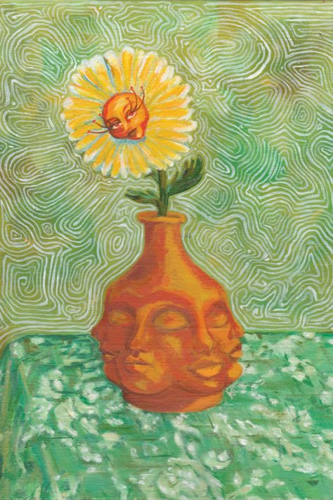 painting of a flower with a face coyly smiling Flower Power Movement, Weird Flowers Drawing, Flower People Art, Floral Surrealism, Flower Surrealism, Surrealism Flowers, Growth Painting, Aesthetic Abstract Art, Surreal Flowers