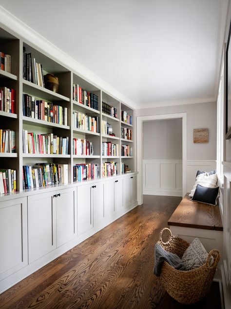 Glenwood Road | Built-in Bookshelves | Z+ Interiors In Built Bookshelf, Built In Bookshelves With Cupboards, Wall Built In Bookshelves, Living Room Built In Library, Bookshelf Wall Living Room Built Ins, Long Wall Built Ins, Wall To Wall Bookshelves Living Room, Built In Bookshelves White, L Bookshelf