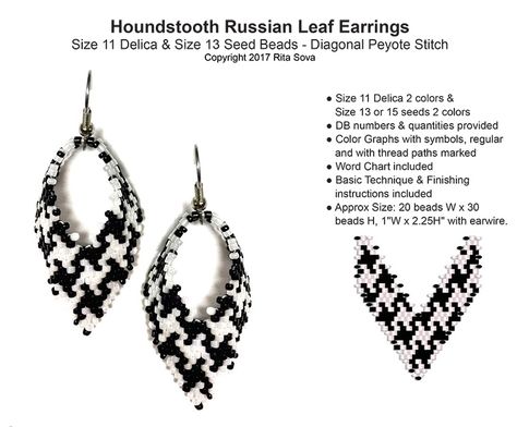 Houndstooth Russian Leaf Earrings | Bead-Patterns.com Russian Leaf Pattern, Russian Leaf Earrings, Bead Knitting, Anting Manik, Beaded Beads, Brick Stitch Earrings, Bead Embroidery Patterns, Bead Weaving Patterns, Beaded Earrings Patterns