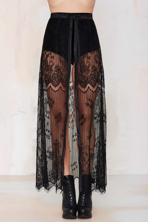 at nasty gal Kiss Them for Me Lace Tie Skirt Fest Outfits, Woman In Black, Estilo Hippie, Tie Skirt, Lace Tie, Sheer Skirt, فستان سهرة, Modieuze Outfits, Festival Looks