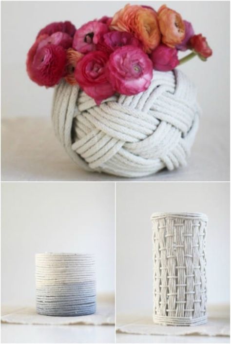 21 Beautifully Stylish Rope Projects That Will Beautify Your Life Cookies Outfit, Homemade Vase, Diy Vases, Vase Diy, Knotted Rope, Rope Projects, Diy Flores, Rope Diy, Fleurs Diy