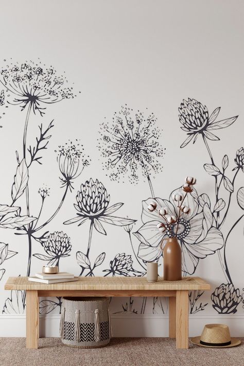 Add a touch of sophistication to your interior design with our Luxury Botanical Wallpaper. High-quality, durable, and created with attention to detail, this wallpaper from Happywall adds a natural, luxurious feel to any space. Perfect for both residential and commercial spaces. Select your size and order online today! Black And White Flower Mural Wall, Cricut Wall Decals Master Bedrooms, Minimalist Peel And Stick Wallpaper, Botanical Wall Painting, Flower Wall Murals Painted, Cricut Wall Decals, Laundry Vanity, Botanical Interior Design, Wall Murals Painted Diy