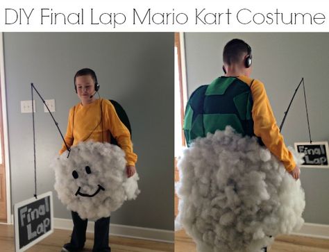 DIY Final Lap Mario Kart Costume #DIY #Halloween - Easy costume to make, and so much fun! Final Lap Mario Kart, Mario Kart Diy, Mario Family Costume, Super Mario Kostüm, Mario Kart Costumes, Mario Diy, Super Easy Halloween Costumes, Mario Kart Characters, Super Mario Costumes