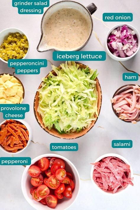 Learn how to make the best Grinder Salad recipe using only naturally low-carb ingredients and a few minutes of prep. This salad is a creamy and heavenly mix of all the delectable ingredients and flavors found in an Italian sub that absolutely everyone adores. Tiktok Grinder Sandwich, Tiktok Grinder, Italian Grinder Salad, Italian Grinder, Grinder Salad, Grinder Sandwich, Italian Sub, Salad Meal Prep, Low Carb Salad