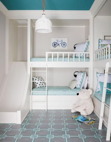 Aqua blue shared girl and boy's bedroom features two sets of built-in bunk beds dressed in aqua bedding and pillows illuminated by black and white wall sconces. Bunk Beds Small Room, Bedroom Girl, Kids Shared Bedroom, Room Girl, Bedroom Contemporary, Bunk Rooms, Built In Bunks, Bunk Beds With Stairs, Bunk Bed Designs