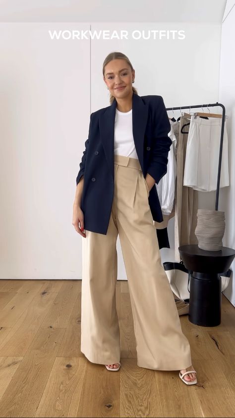 Light Beige Pants Outfit, Navy Blue Blazer Outfit Women, Navy Blazer Outfit Women, 2023 Workwear, Navy Blue Blazer Outfit, Navy Blazer Outfits, Beige Pants Outfit, Blue Blazer Outfit, Lydia Tomlinson