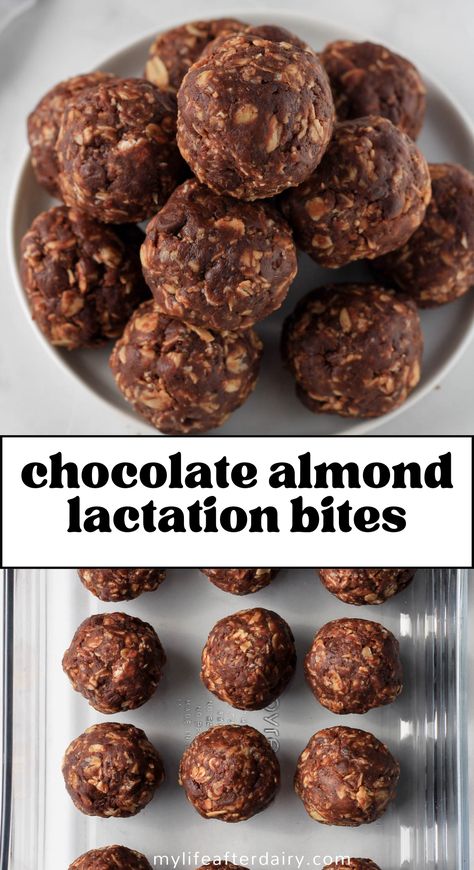 These delicious Chocolate Almond Lactation Bites are the perfect snack for nursing moms who are looking for a delicious, no-bake, dairy-free and vegan energy-boosting treat! Each bite is packed with healthy ingredients like brewers yeast, cocoa powder and oats that help to support healthy milk production, while being incredibly easy to make! With this recipe, you can enjoy a sweet, chocolatey snack without having to worry about compromising your dietary preferences. Dairy Free Snacks Breastfeeding, Protein Lactation Balls, Vegan Lactation Recipes, Healthy Lactation Snacks, Lactation Recipes With Brewers Yeast, Brewers Yeast Recipes, Dairy Free Lactation Cookies, Lactation Bites, Lactation Snacks