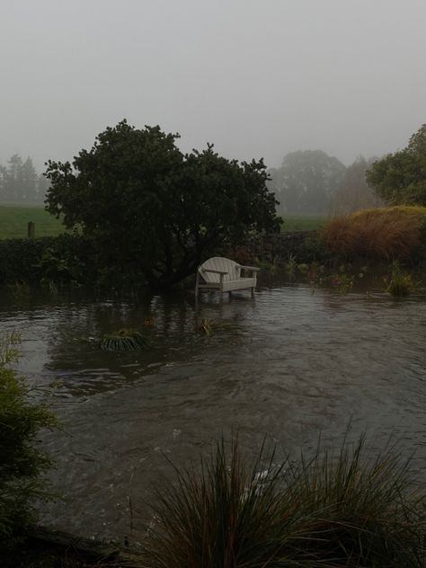 #pond #rain #flood #bench #in #water #misty #weather #dark #fantasyvibes #mystic #goblincore Rain Core, Rain Mood, Nature Grunge, Flooded City, Misty Weather, The Book Of Dust, Misty Rain, Cozy Rainy Day, Gloomy Weather