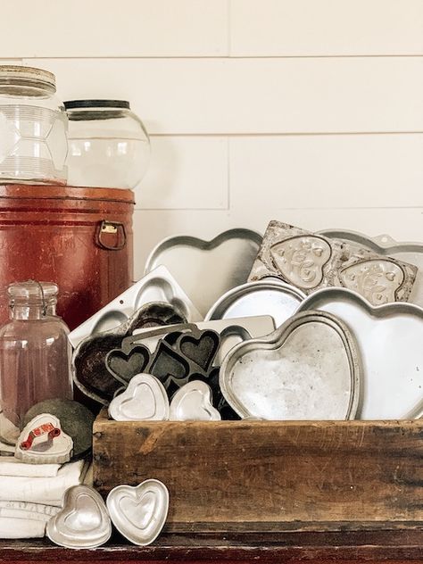 Vintage Valentine Decor You Should Be Buying Now - MY WEATHERED HOME Antique Shop Display Ideas, Rustic Valentine Decor, Farmhouse Valentine Decor, Vintage Valentines Decorations, Antique Farmhouse Decor, Heart Shaped Cake, Shaped Cake Pans, Old Crates, Valentine's Decor