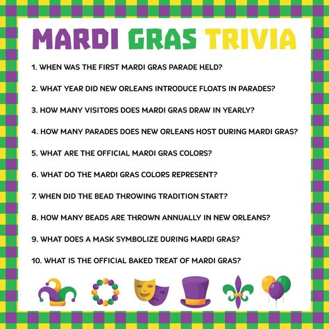 Printable Mardi Gras Trivia Mardi Gras Trivia, Mardi Gras Party Games, Mardi Gras Games, What Is Mardi Gras, Mardi Gras Activities, Party Games For Adults, School Carnival, Mardi Gras Parade, Games For Adults