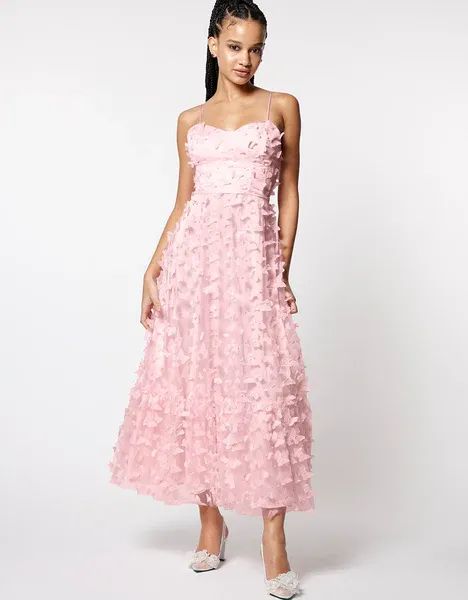 BETSEY JOHNSON - $159.00 | The beautiful butterfly dress is an eye-catching choice for romantic soirées. It features butterfly textured mesh, a structured bustier, adjustable spaghetti straps, and a corset lace-up in the back for a cinched waist fit. #betseyjohnson #summerfashion #AD Butterfly Maxi Dress, Betsey Johnson Clothes, Corset Lace, Betsey Johnson Dresses, Butterfly Dress, Pink Maxi Dress, Cream Dress, Cinched Waist, Dress Pink