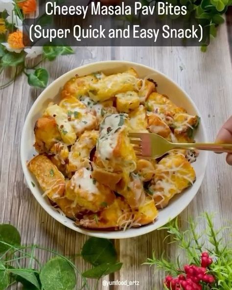 Vandana Garg on Instagram: "4 types of Cheesy snacks recipe.. 1. Cheesy Masala Pav Bites Ingredients: * 4 Pavs, diced * 1 tbsp cooking oil * ½ tsp cumin seeds * Pinch of asafetida * 1 inch ginger, chopped * 1 green chili, chopped * ¼ cup onion, chopped * ¼ cup tomato, chopped * ¼ cup bell pepper, chopped * ¼ cup carrot, chopped * ¼ cup corn, boiled * Salt to taste * ½ tsp coriander powder * ¼ tsp red chili powder * ¼ tsp turmeric powder * 1 tsp pav bhaji masala * 2 tbsp Cilantro, chopped * ½ cup Shredded cheese 2. Avocado Cheese Sandwich..🥪 INGREDIENTS * 1 large avocado, mashed * 2 tbsp onions, chopped * 2 tbsp tomatoes, chopped * 1 tbsp cilantro, chopped * Salt and pepper, to taste * 2 tbsp butter, softened * 4 slices bread * 4 tbsp mozzarella cheese, grated 3. Veggie pizz Cheesy Snack Recipes, Cheesy Snacks, Masala Pav, Pav Recipe, Cheesy Snack, Pav Bhaji Masala, Quick Dishes, Sandwich Ingredients, Pav Bhaji