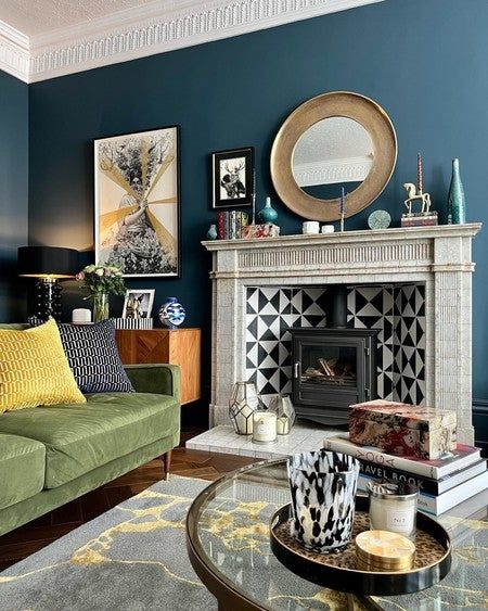 Farrow Ball Hague Blue, Blue Bedroom Colors, Spring Mantel Decorating Ideas, Living Room Color Ideas, Fireplace Mantel Ideas, Victorian Renovation, Hague Blue, Feature Wall Living Room, Victorian Living Room