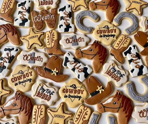 Cowboy Birthday Cookies Decorated, My 1st Rodeo Birthday Cookies, Rodeo Desert Table, Cowboy Party Cookies, Western Themed Cookies Decorated, First Rodeo Desserts, My First Rodeo Birthday Boy Cookies, My First Rodeo Birthday Cookies, Rodeo Decorated Cookies