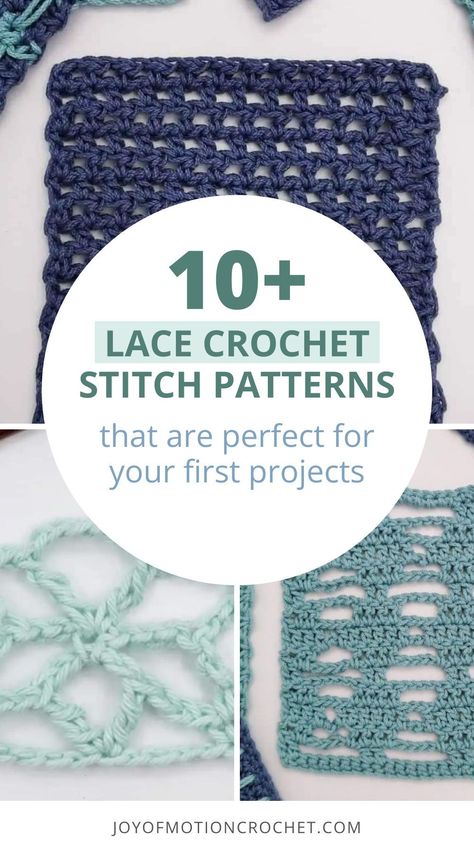 Learn lace crochet stitch patterns with these 10+ lace crochet tutorials by Joy of Motion Crochet. There are a variety of open lace crochet stitches that can be used to create beautiful and intricate lacy designs. Whether you have experience with crocheting lace or not, these 10+ lace crochet stitch patterns will provide inspiration for your next project. Get started here! Open Work Crochet Stitches, Open Crochet Stitches Free, Crochet Lacy Stitches, Fine Crochet Patterns, Lacy Crochet Stitches Free, Crochet Lace Stitches Free, Lace Crochet Pattern Free, Crochet Lace Pattern Free, Lace Weight Crochet