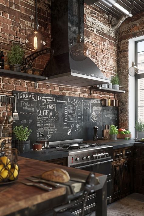 Black Kitchen Brick Wall, Brick Wall In Kitchen Ideas, Urban Industrial Kitchen, Scandinavian Industrial Kitchen, Home Industrial Kitchen, Bricked Kitchen, Unique Kitchen Features, Black Brick Kitchen, Industrial Interior Design Kitchen