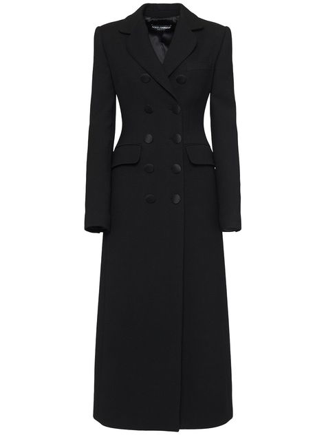 Front button closure. Two front pockets. Satin lining Black Coat Dress Outfit, Net A Porter Dolce And Gabbana, Feminine Coat, Black Dress Coat, Dressy Hats, Abaya Design, Lace Coat, Long Black Coat, Long Coat Jacket