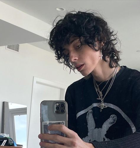 Punk Curly Hair Men, Male Shag Haircut, Eboy Makeup, Wolf Cut Men, Mid Length Curly Hairstyles, Gauge Burek, Long Curly Hair Men, Curly Shag Haircut, Heir Of Atticus