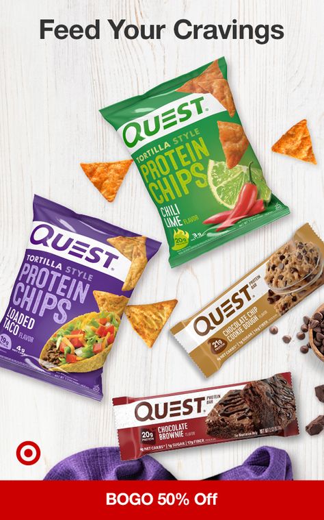 BOGO 50% off Quest Nutrition Protein Bars & Chips. Get Tortilla Style Protein Chips in delish Loaded Taco & Chili Lime flavors and top it off with Chocolate Chip Cookie Dough or Chocolate Brownie Protein Bars. Mcdonalds Calories, Protein Cookies Chocolate, Nutrition Snacks, Pescatarian Lifestyle, Keto Friendly Fruit, Chips Packaging, Taco Chili, Protein Chips, Snack Packaging