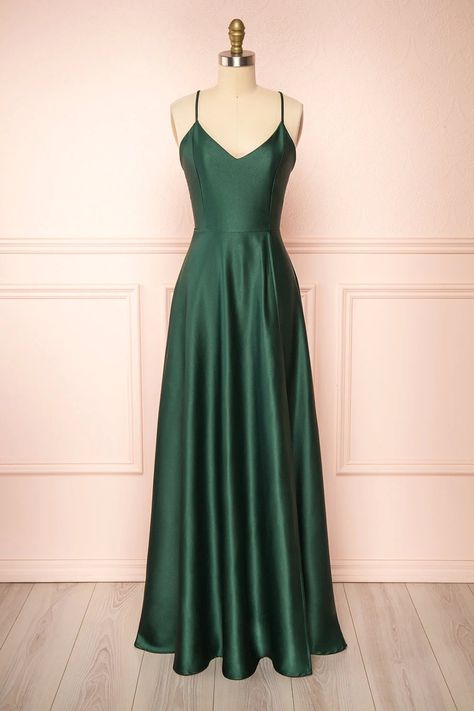 Emerald Green Prom Dress Long Satin, Forest Green Silk Dress, Prom Dress Forest Green, Prom Dresses Green Dark, Forest Green Grad Dresses, Dark Green Grad Dress, Dark Green Elegant Dress, Forest Green Dress Prom, Forest Green Dress Formal