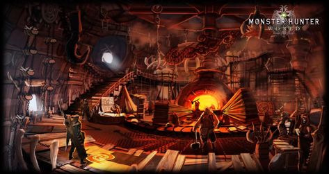 Blacksmith Art - Monster Hunter: World Art Gallery Fantasy Forge Concept Art, World Concept Art, Blacksmith Art, Environment Painting, Fantasy Concept, Monster Hunter World, Fantasy Places, Fantasy Setting, Matte Painting