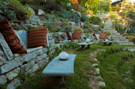 folly bowl, backyard amphitheater in altadena, ca via a growing ... Backyard Amphitheater, Bowl Garden, Dream Garden Backyards, Playground Landscaping, Recycled Concrete, Hillside Landscaping, Outdoor Theater, Natural Selection, Backyard Playground