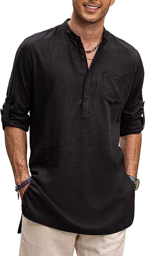 COOFANDY Men's Linen Henley Shirts Long Sleeve Collarless Longline Kurta Beach Shirts with Pocket at Amazon Men’s Clothing store Traditional African Clothing, Mens Clothing Brands, Mens Kurta, Kurta Style, Indian Kurta, Henley Shirt Men, Mens Henley, Shirts Long Sleeve, Linen Shirt Men